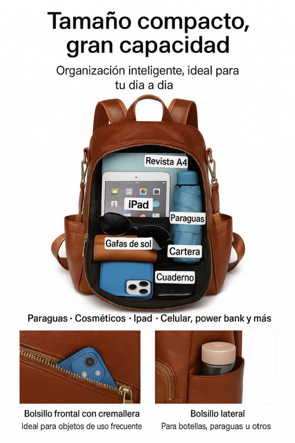 Mochila Femenina PU Impermeable Antirrobo con USB y Porta Laptop - Imagen 2